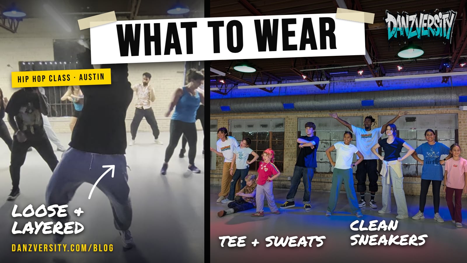 What to wear to hip hop dance class at Danzversity Austin: loose and layered adults class, kids in tees, sweats, and clean sneakers
